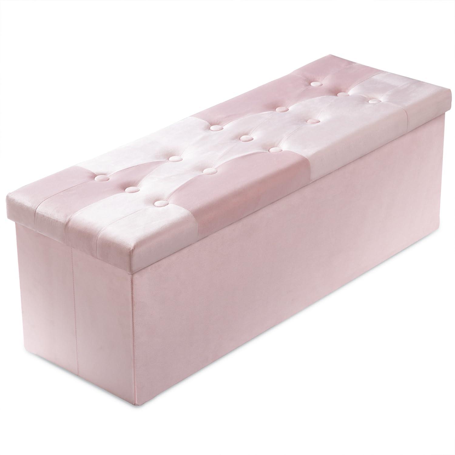 PRANDOM Extra Large Ottoman with Storage [1-Pack] Velvet Folding Small Square Foot Stool with Lid for Toy Living Room Bedroom Coffee Table Dorm Pink 30.5x15x15 inches