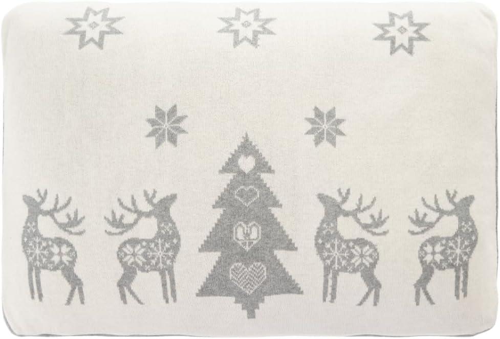 Grey Cotton Christmas Pillow with Reindeer and Snowflakes