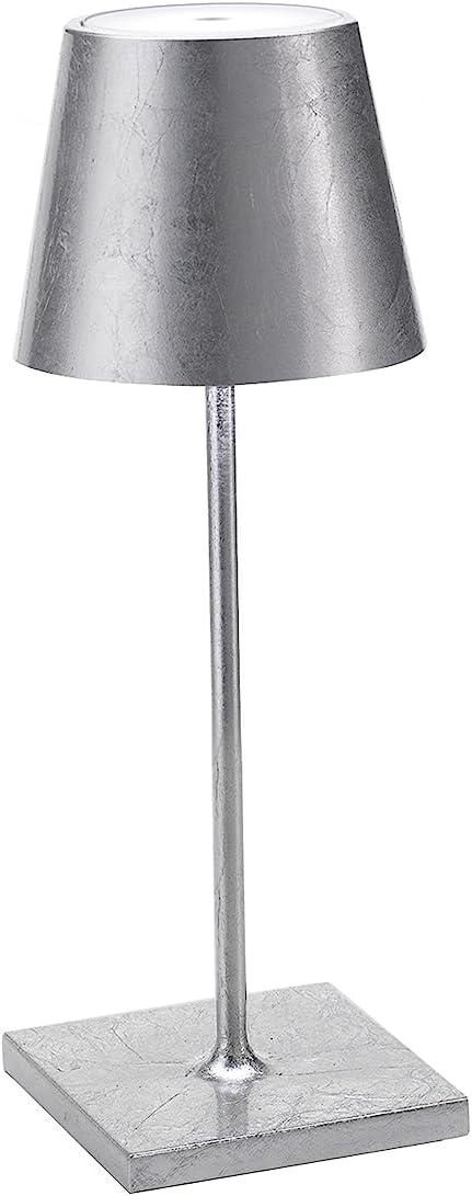 Zafferano, Poldina Pro Mini Lamp with Silver Leaf, Rechargeable Cordless Table Lamp with Touch Controls, Usable as an Indoor Lamp, Dimmer, 2200-3000 K, Height 11.8 Inches