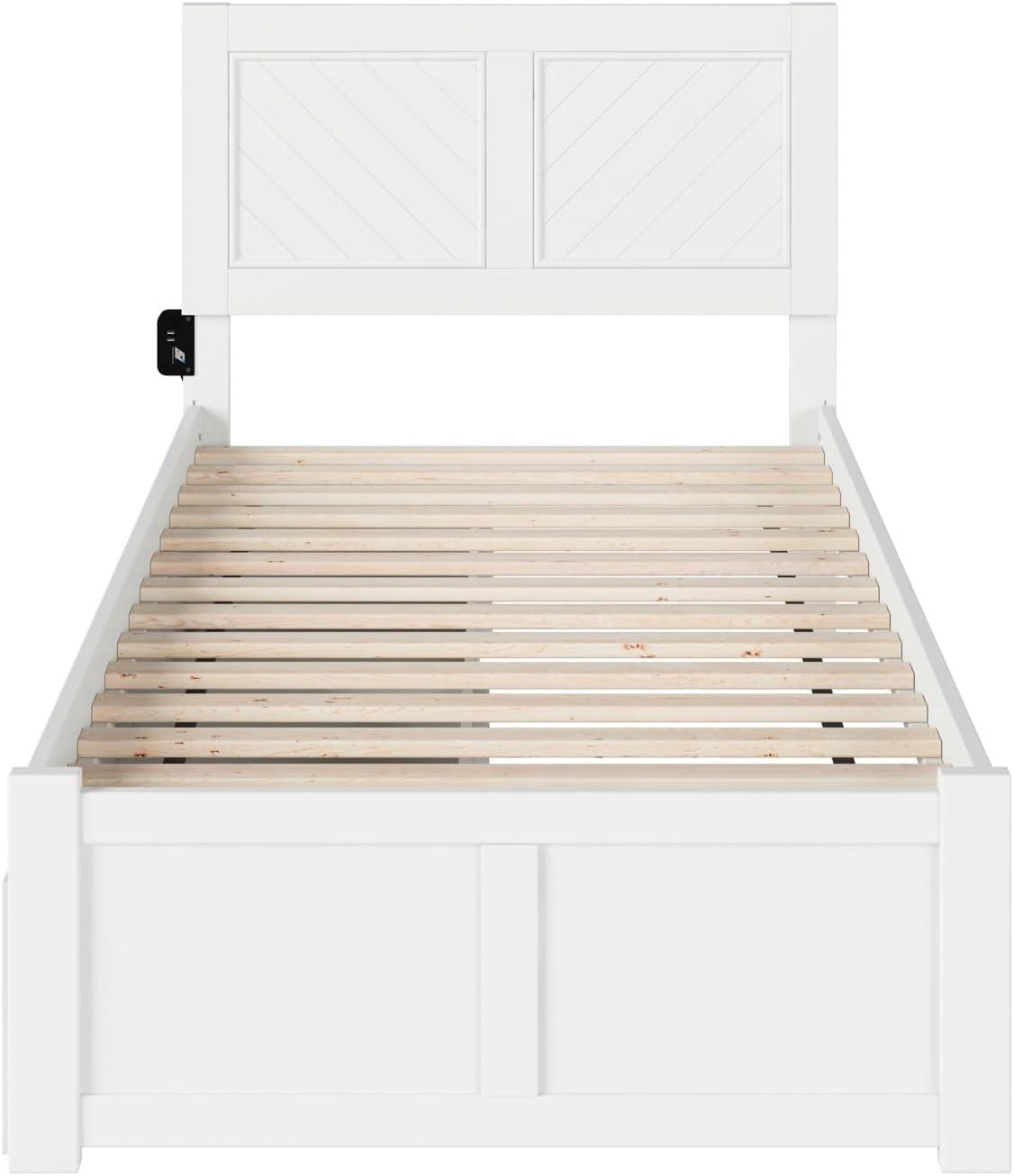 White Twin XL Wood Platform Bed with Chevron Headboard and Storage Drawers