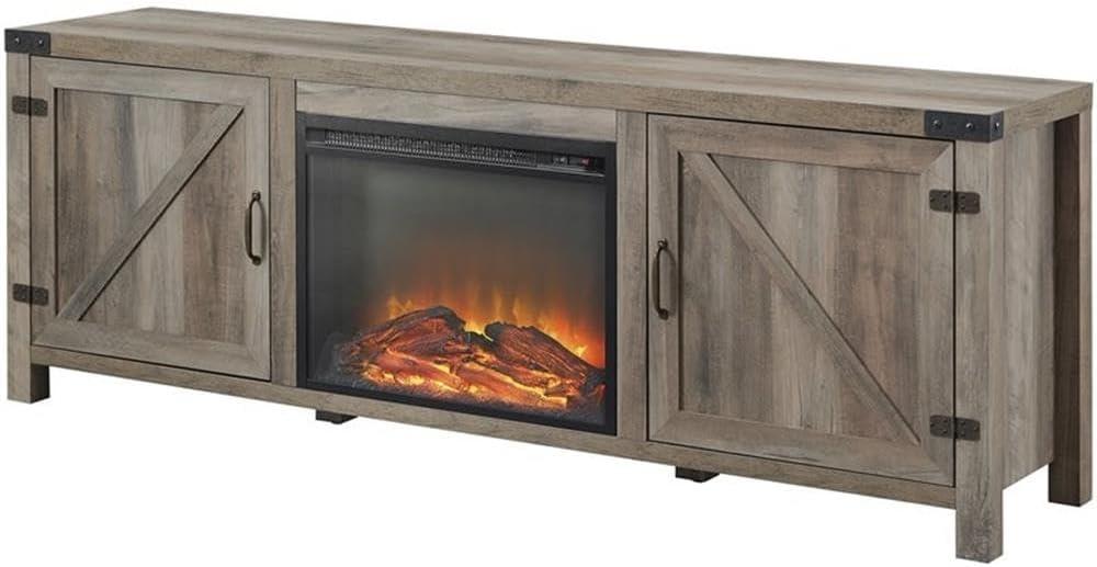 70" Grey Wash Rustic Farmhouse Fireplace TV Stand with Cabinet