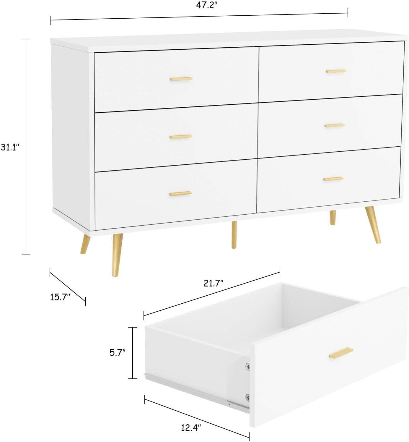 JOZZBY White Dresser, 6 Drawer Dresser for Bedroom with Wide Drawers and Metal Handles, Modern Wood Storage Chest of Drawers for Living Room Hallway Entryway