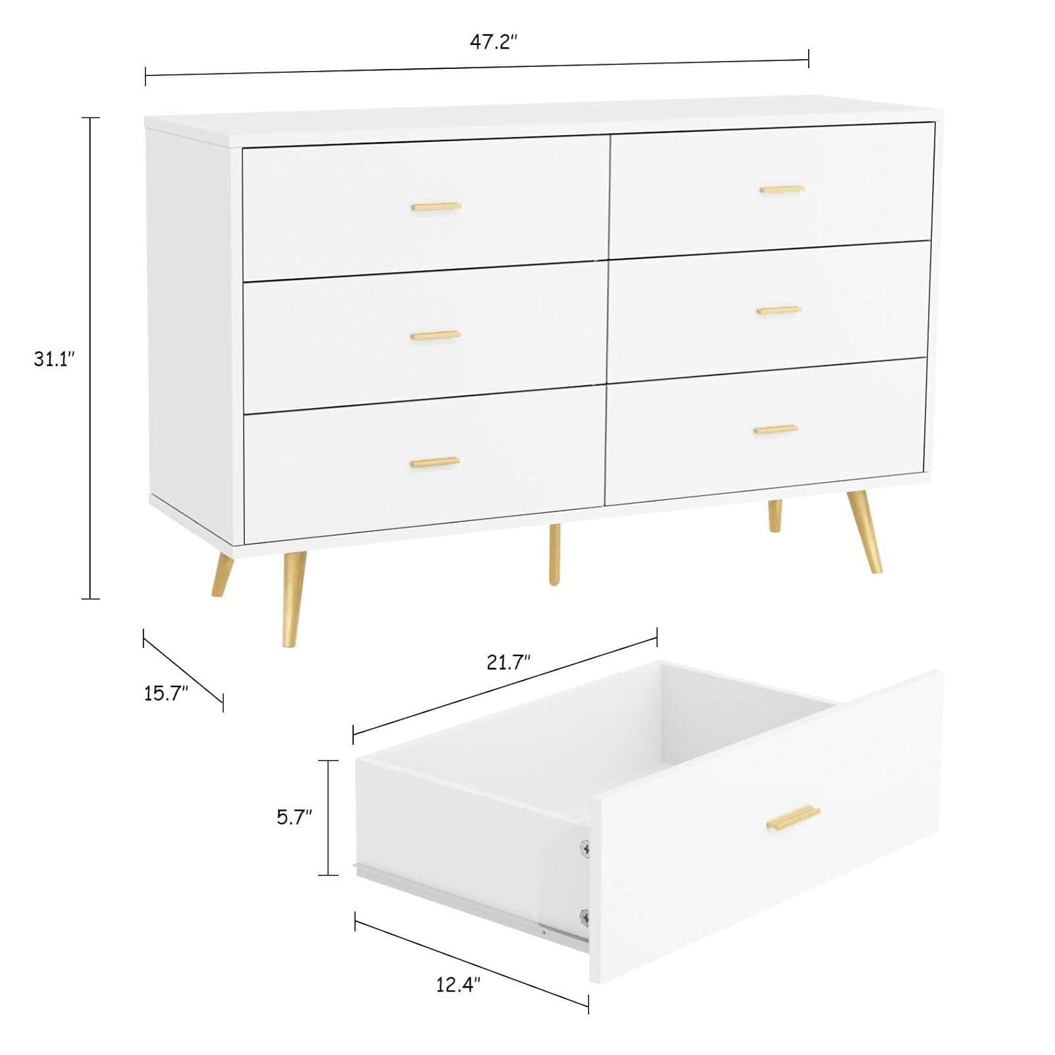 JOZZBY White Dresser, 6 Drawer Dresser for Bedroom with Wide Drawers and Metal Handles, Modern Wood Storage Chest of Drawers for Living Room Hallway Entryway