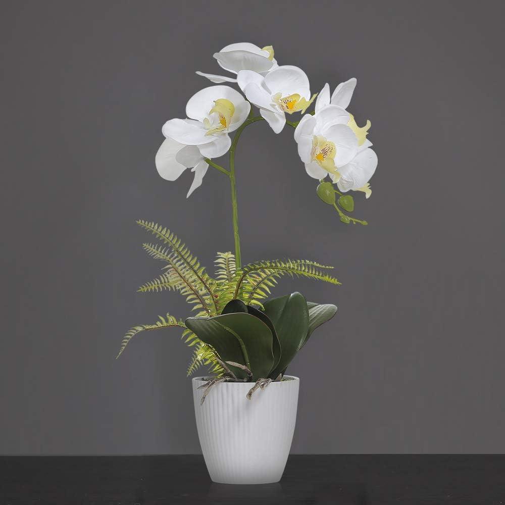 White Orchid Artificial Flower in Ribbed Plastic Pot, 16 Inch Tabletop Centerpiece