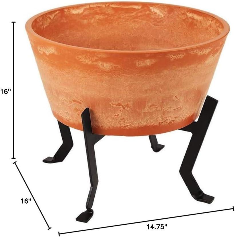 ACHLA Designs Planter Pot Denise: Rustic Terra Cotta, Wrought Iron Stand, No Drainage Hole, 16"x16"x14.75"