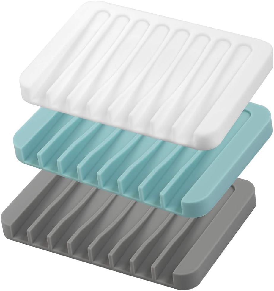 Set of 3 Self-Draining Silicone Soap Holders in White, Blue, and Gray