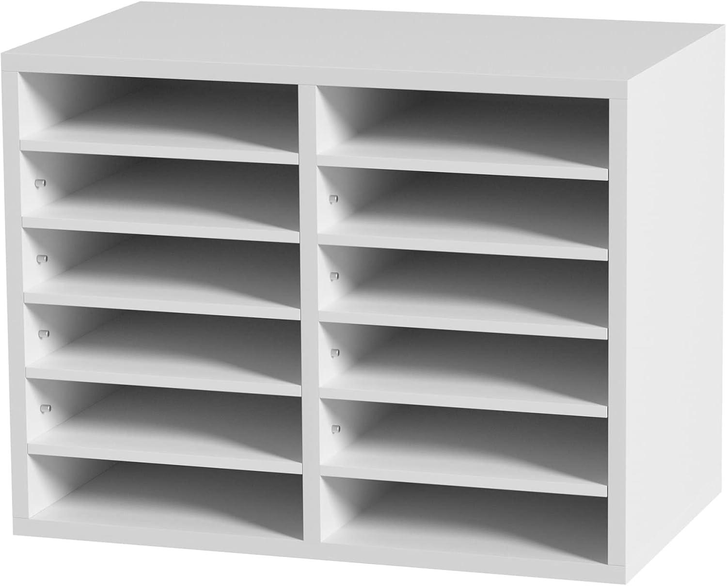 White Adjustable 12-Compartment Wood Literature Organizer