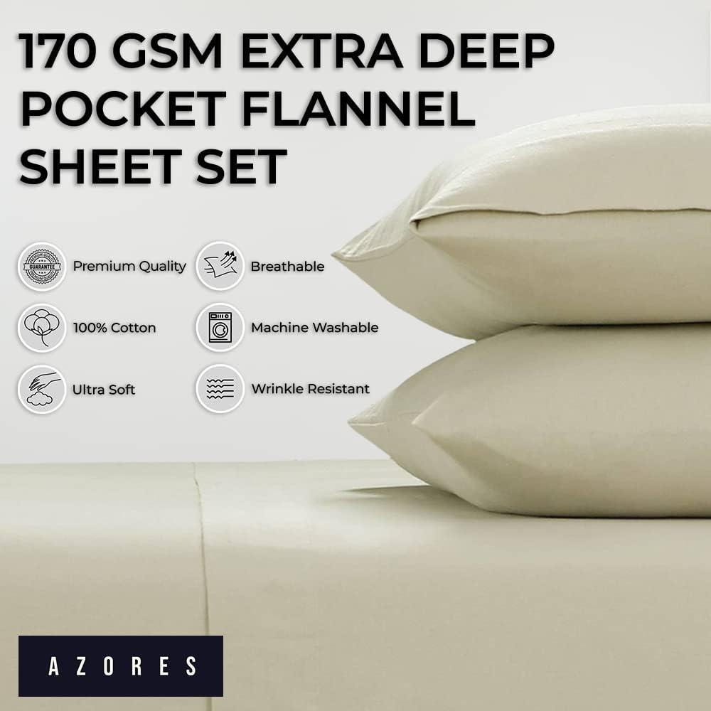 Twin 170 GSM Extra Deep Pocket Flannel Sheet Set Natural - Azores Home: 100% Cotton, Includes 1 Pillowcase & Fitted Sheet