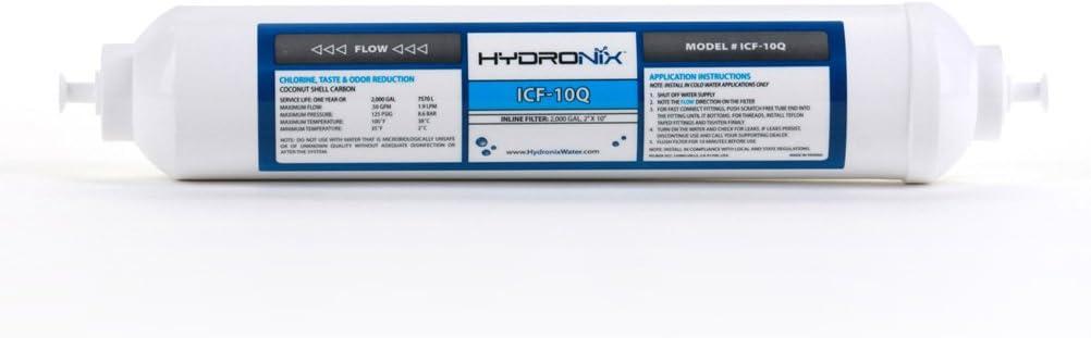 3 Pack - Hydronix ICF-10Q Inline Reverse Osmosis Post, Fridge & Ice Coconut GAC Water Filter 2000 Gal, 1/4" QC Ports