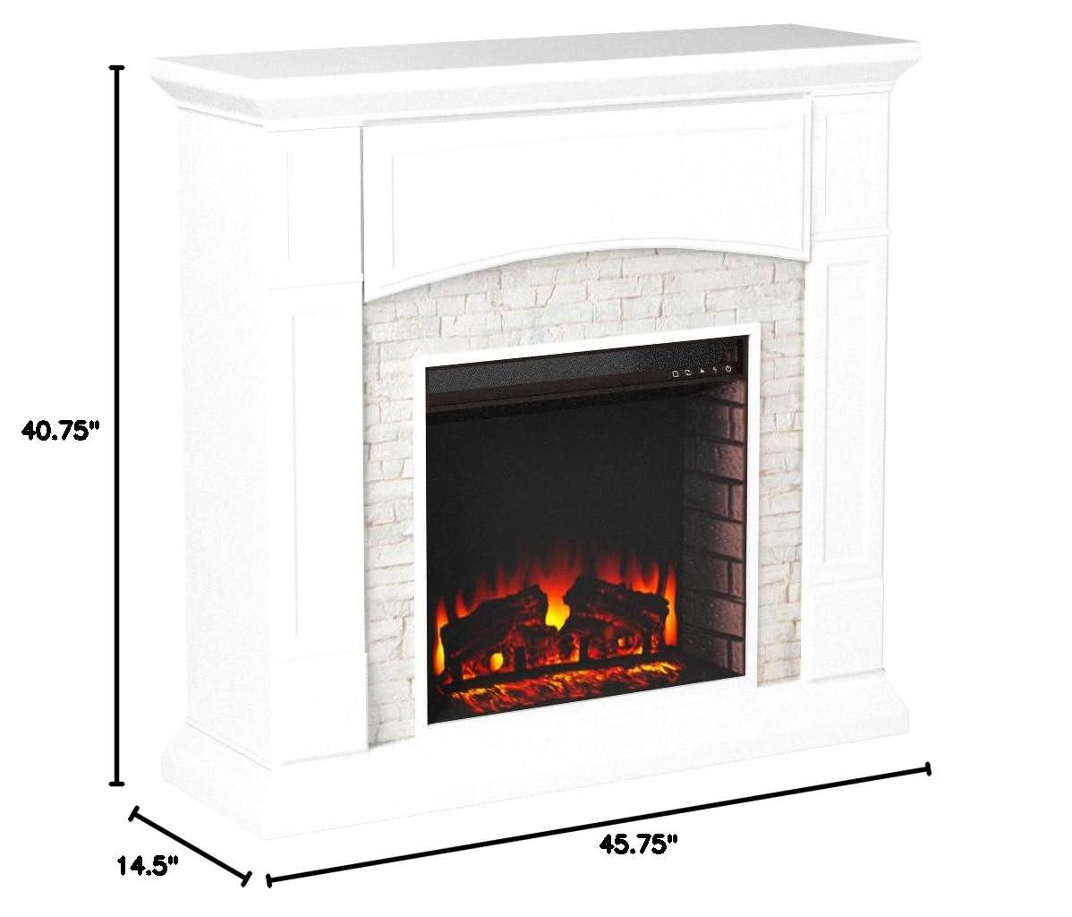 Crisp White Faux Stone Electric Fireplace TV Stand