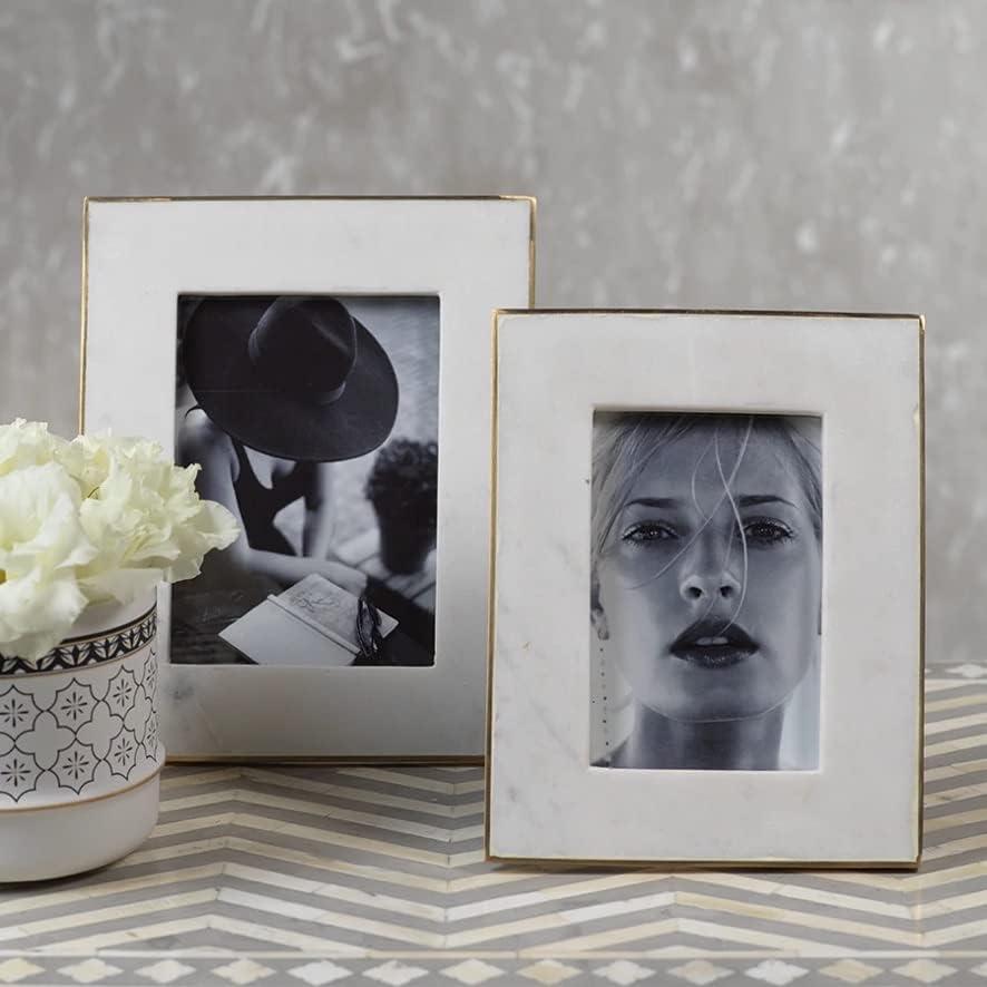 Elegant Gold-Edged White Marble Tabletop Photo Frame