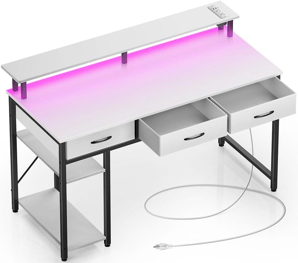 White Rectangular Engineered Wood Computer Desk with Drawers and LED Light