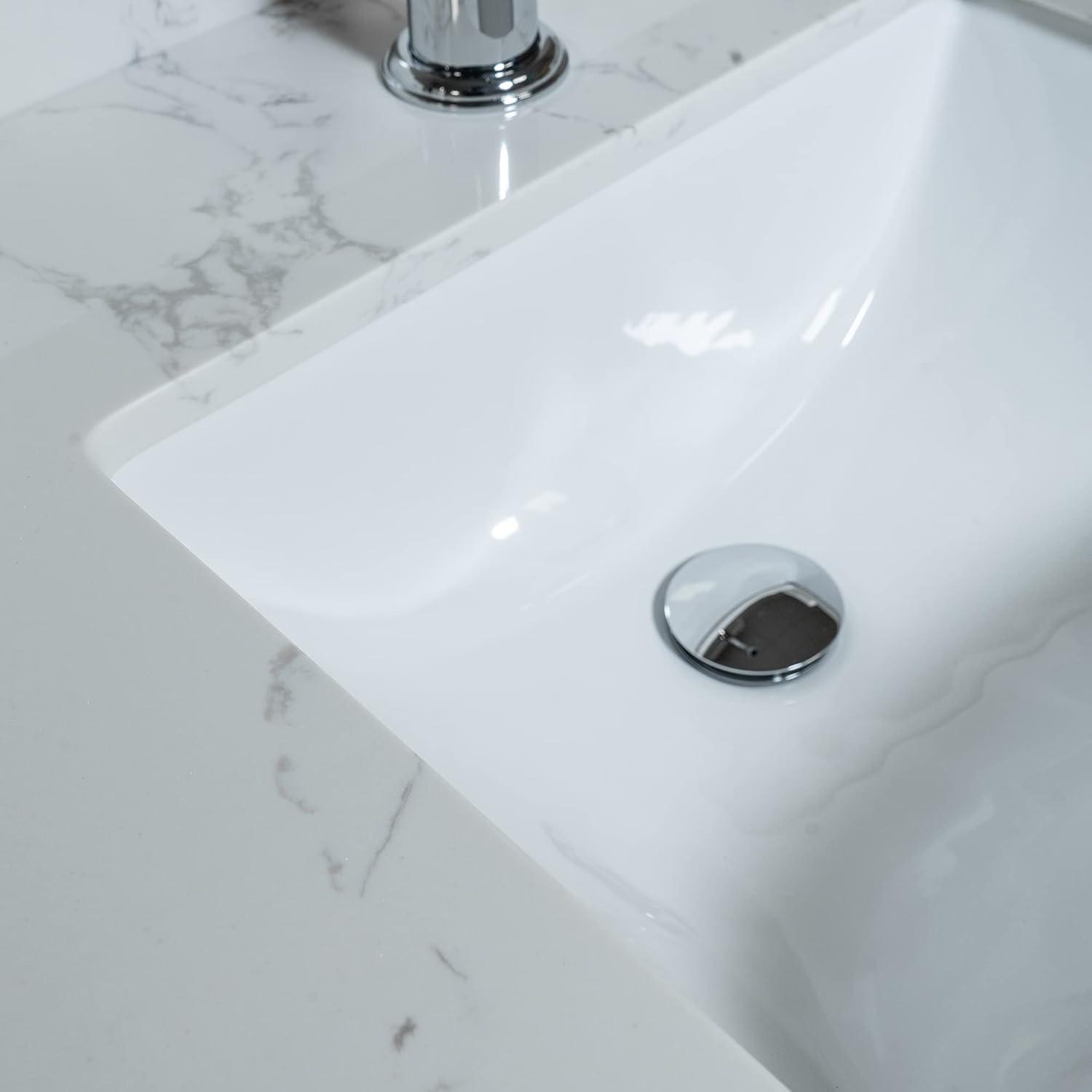 31 Inch Bathroom Vanity Top Stone, Carrara White Engineered Marble Stone Vanity Sink Top with Undermount Ceramic Sink and Back Splash with Single Hole for Bathrom Cabinet (31"x22"(Single Hole))