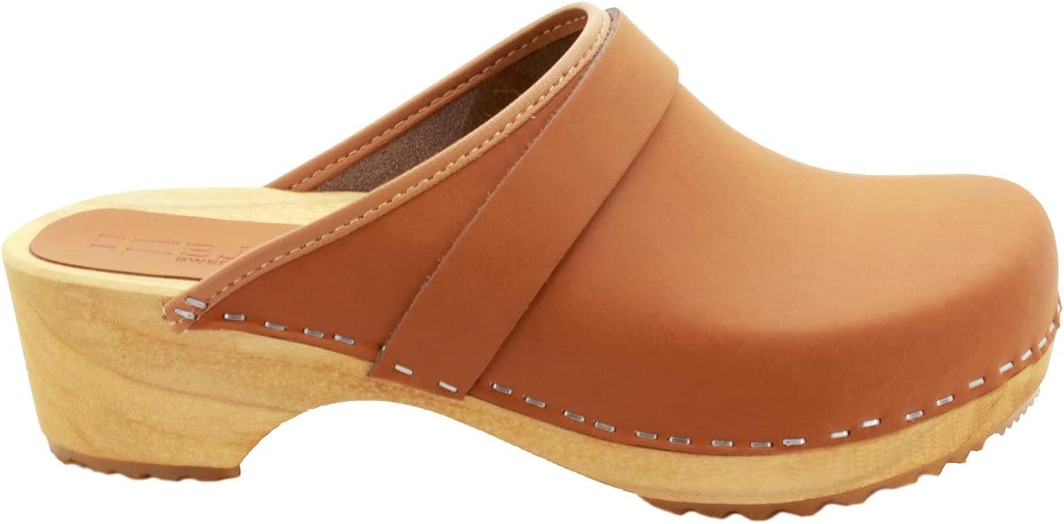 Cognac Genuine Leather Women's Casual Clogs with Wood Outsole