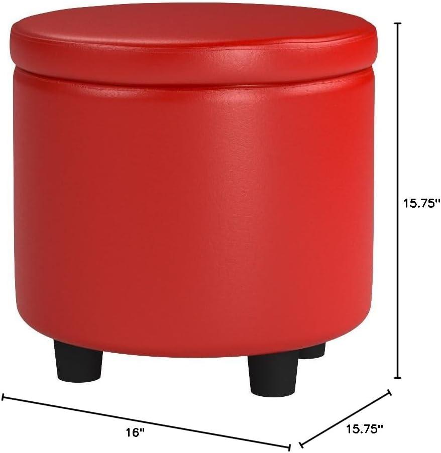 Designs4Comfort Round Accent Storage Ottoman with Reversible Tray Lid, Red Faux Leather