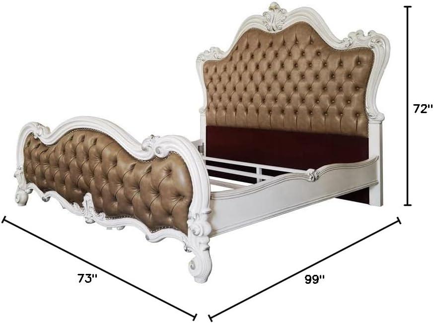 99" Queen Bed Versailles Vintage Gray PU Leather, Button Tufted - Acme Furniture: Claw & Ball Feet, Fluted Crown