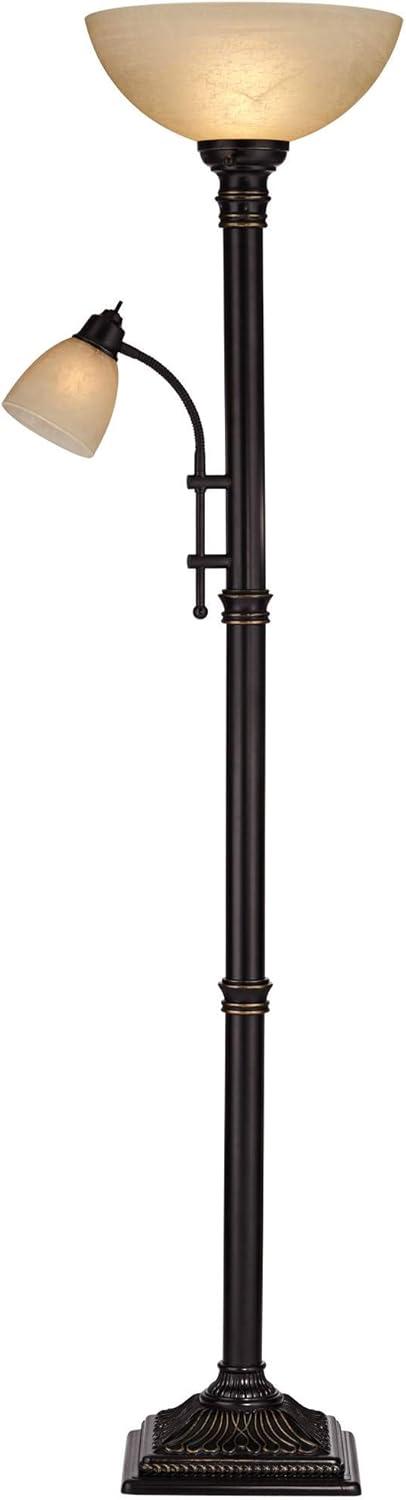 Regency Hill Garver Rustic Retro Torchiere Floor Lamp 72 1/2" Tall Oil Rubbed Bronze with Side Light Amber Glass Shade for Living Room Reading Bedroom