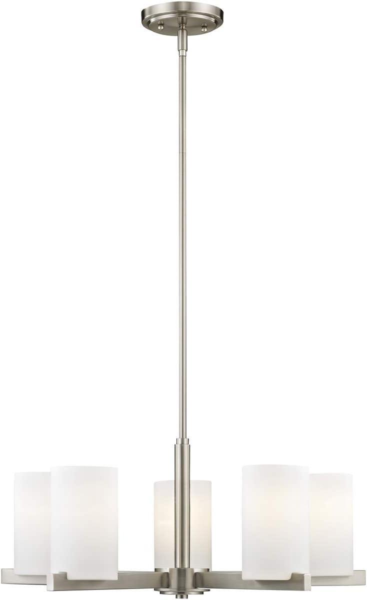 Astoria Minimalist 5-Light Chandelier in Brushed Nickel with Satin Opal Shades