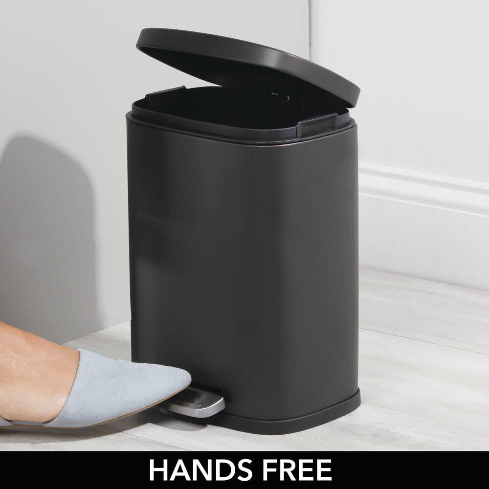 mDesign Stainless Steel Rectangular 1.3 Gallon Foot Step Trash Can, Lid - Black