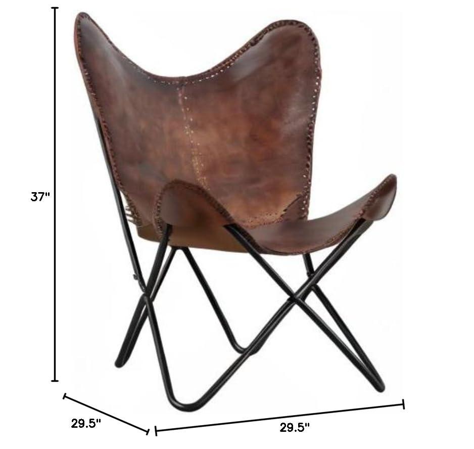 Vintage Brown Leather & Arm Butterfly Chair | Genuine Tan Leather Butterfly Chair Home Decor | Handmade Chair Presented by Presented by Shy Shy Let's The Sky
