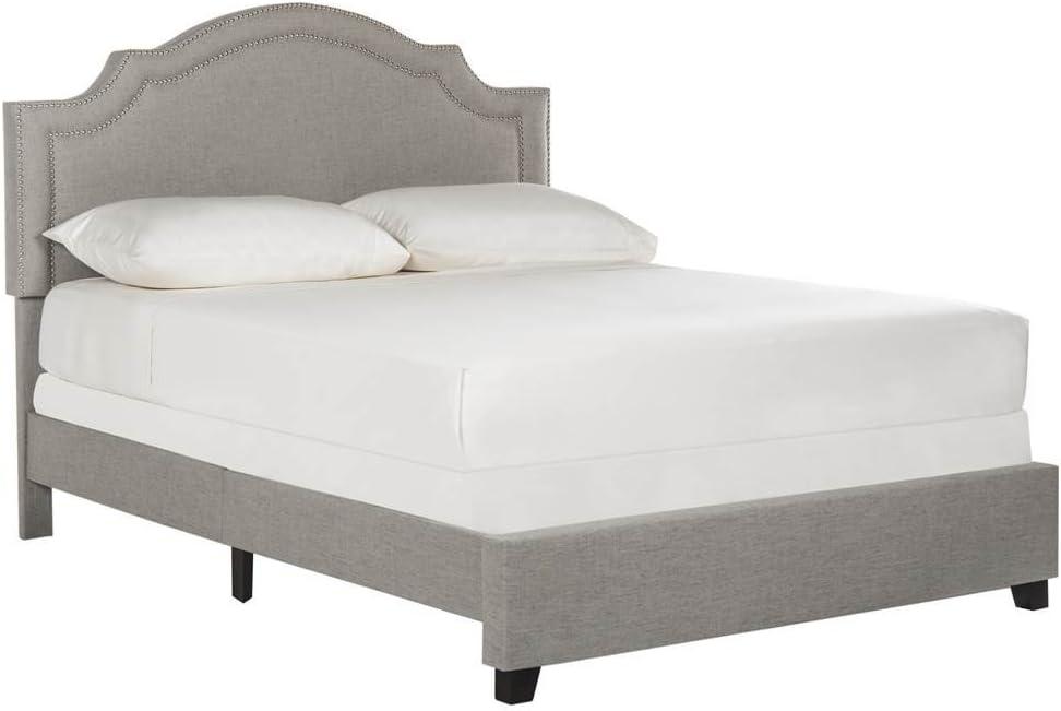 Beige Linen Upholstered Queen Platform Bed with Nailhead Trim