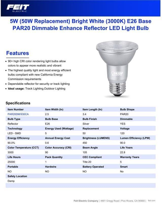 Feit Electric PAR20 E26 (Medium) LED Bulb Warm White 50 Watt Equivalence 1 pk