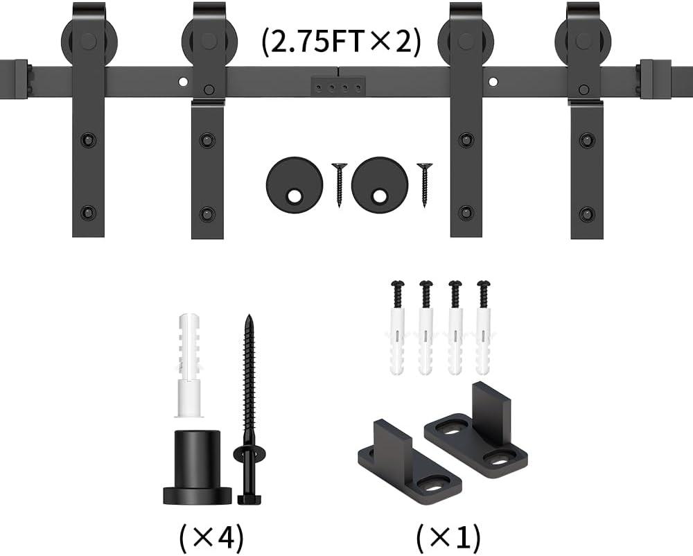 skysen 5.5FT Heavy Duty Sliding Barn Door Hardware Single Track Bypass Double Door Kit Black(Bypass J Shape-1)