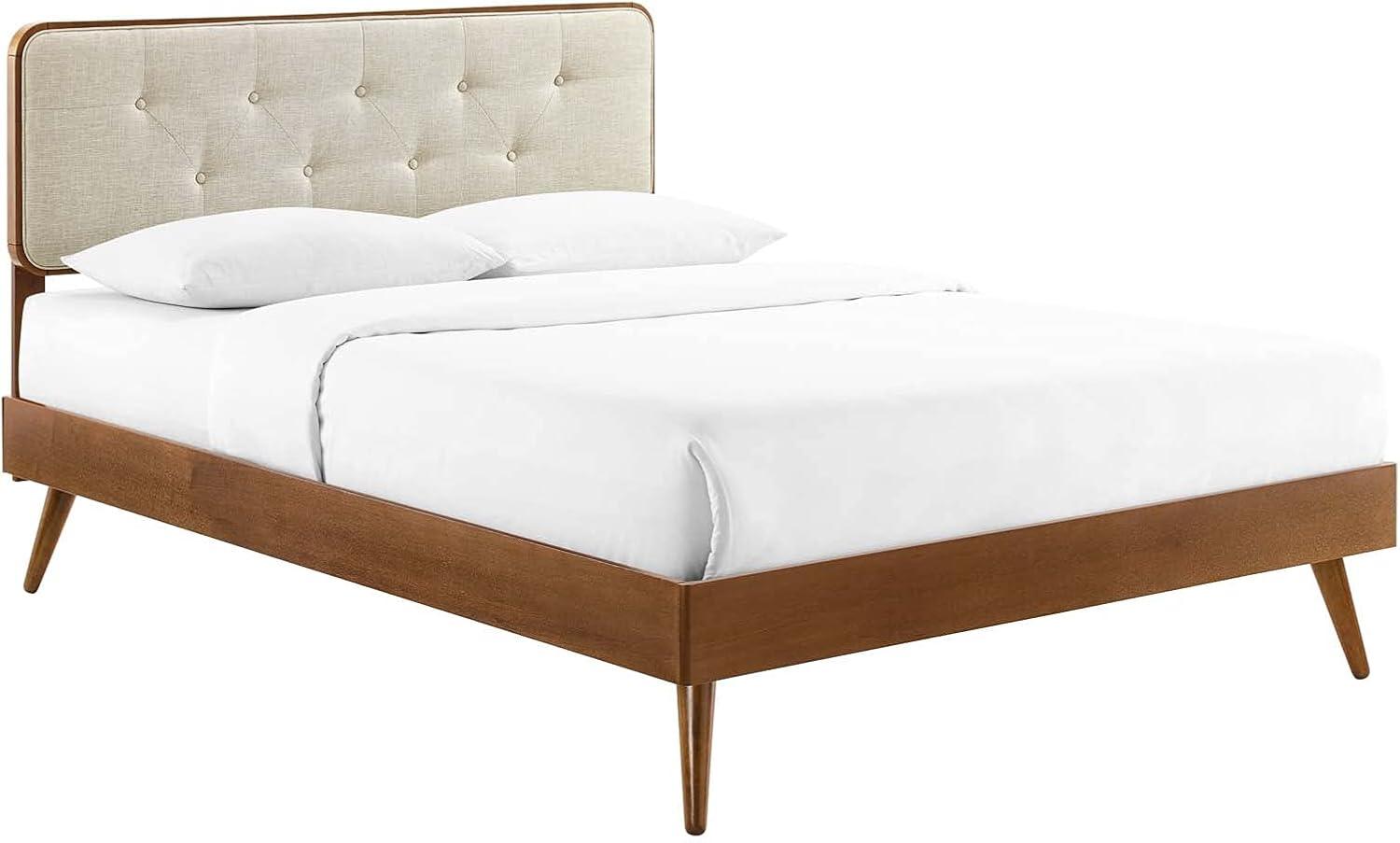 Bridgette King Walnut Beige Tufted Upholstered Wood Platform Bed