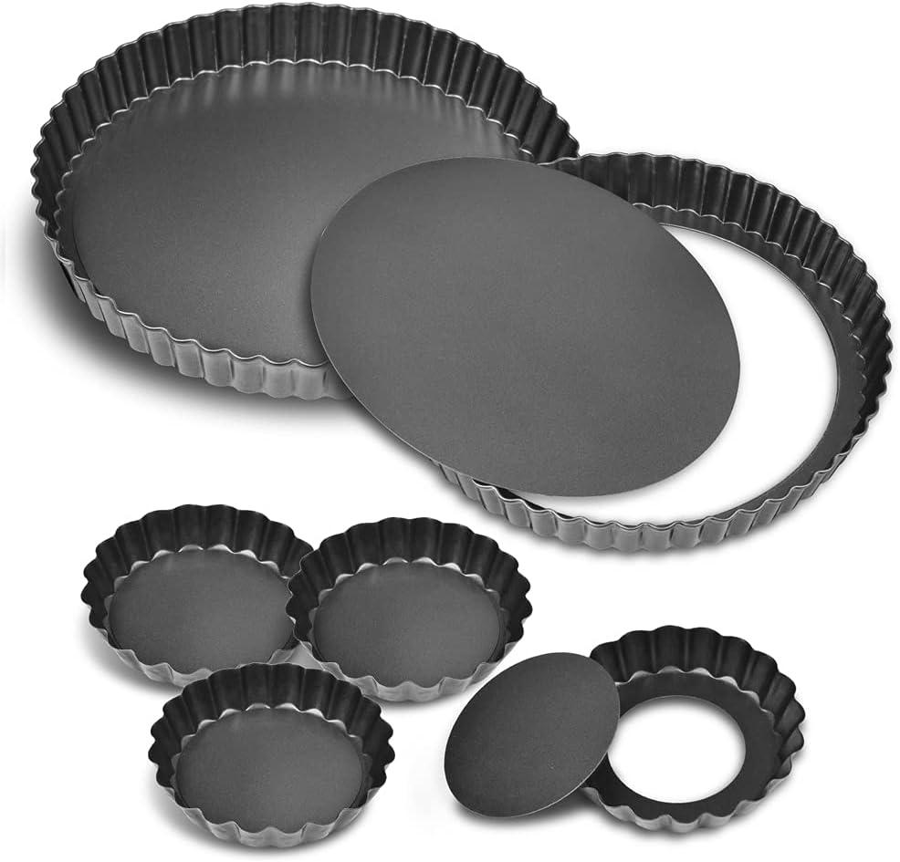 TORASO 9 Inch and 4 Inch Tart Pan with Removable Bottom, 2 PCS 9 Inch Quiche Pan and 4 PCS 4 Inch Pie Pan, Non-Stick Baking Pan (Set of 6)