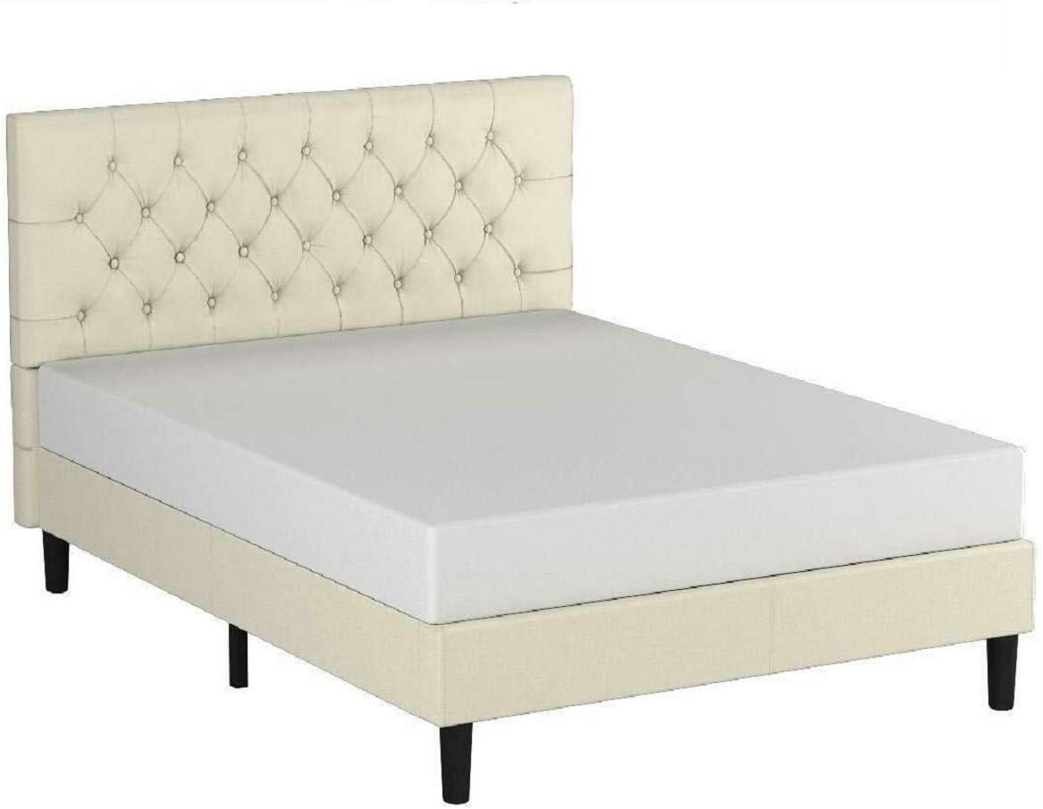 Beige Queen Upholstered Platform Bed with Tufted Headboard