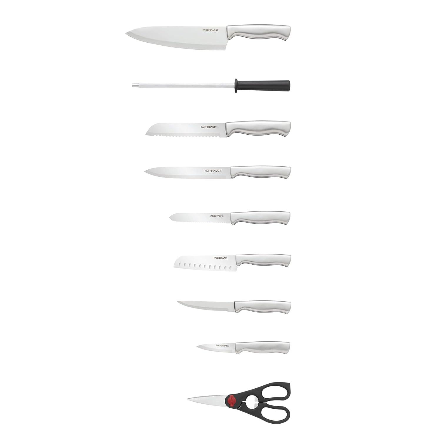Farberware 15pc Stainless Steel Knife Block Set: Kitchen Knife Set with Block, Serrated Blades, Hand Wash, Silver