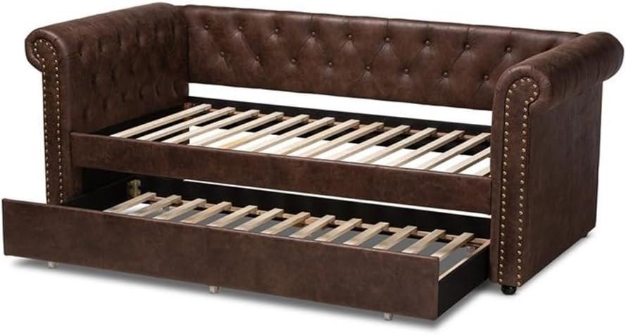 Baxton Studio Twin Brown Mabelle Faux Leather Daybed with Trundle: Upholstered, Wood Composite Frame, Polyester Fill