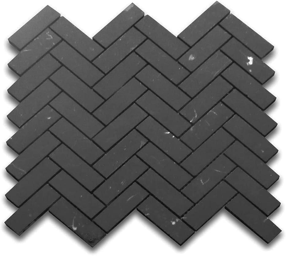 Stone Center Online Nero Marquina Black Marble 1x3 Herringbone Mosaic Tile Honed Kitchen Bath Wall Floor Backsplash Shower (1 Sheet)
