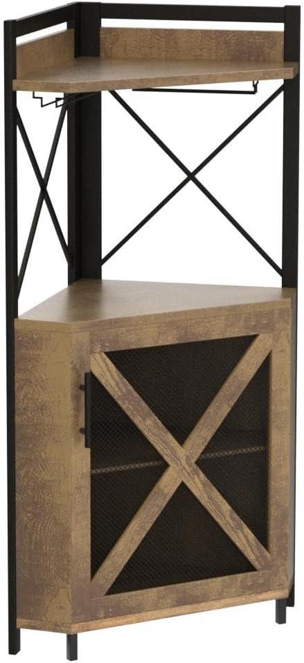 Dextrus Corner Bar Cabinet with Glass & Wine Holder,  Industrial 5 Tier Corner Cabinet with Doors, Corner Shelf for Home/Living Room/Kitchen, Rustic Brown