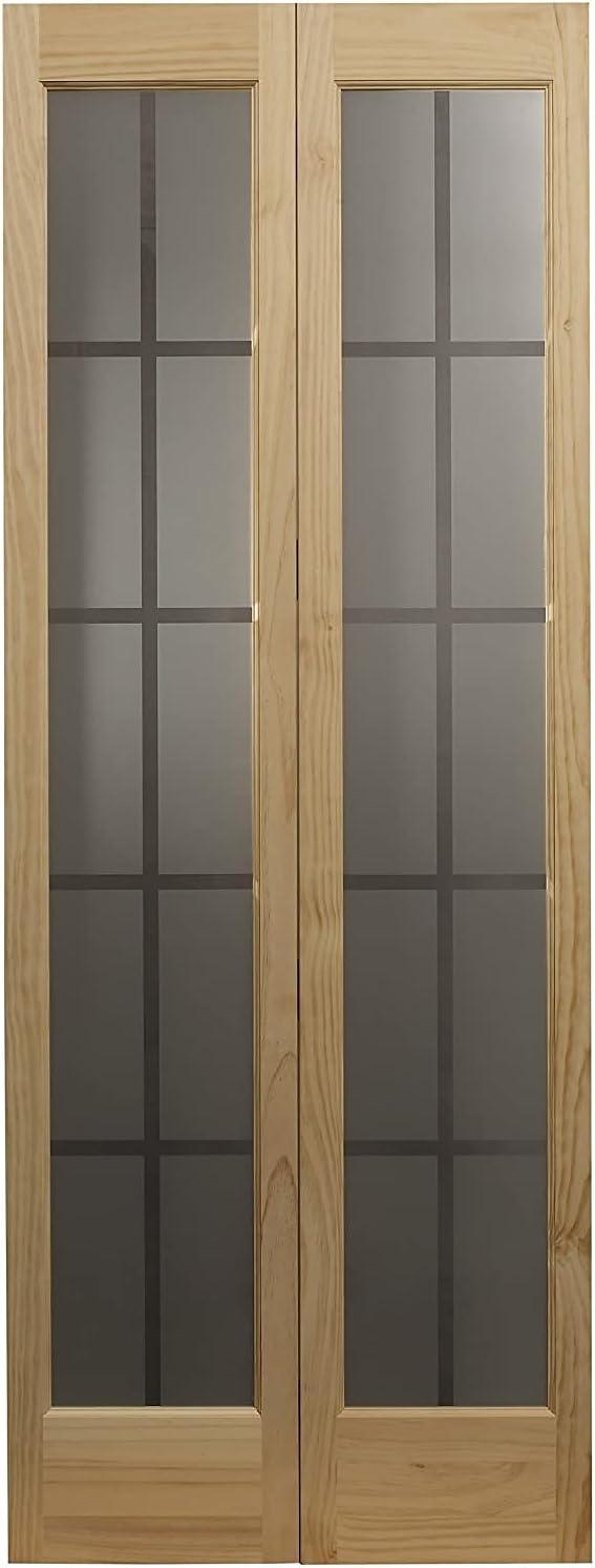 Unfinished Pine 30" x 80" Full Glass Bifold Door with Brass Hinges