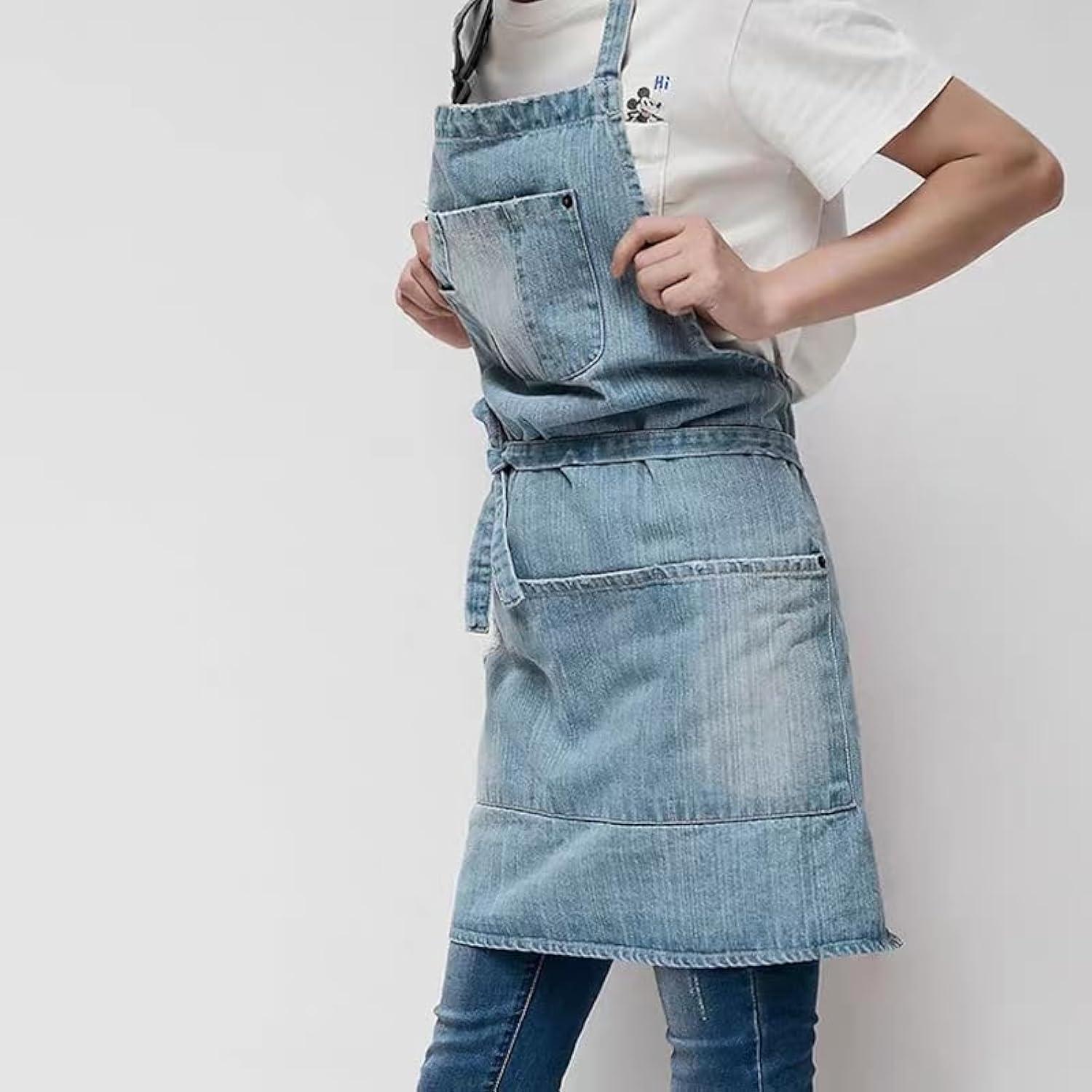 Jowcud Denim Apron With 5 Pockets for Cooking Kitchens,Hairstylist Aprons for Women Men,Adjustable Bib Jean Apron for Arts Gardening Cafes Bars Work C65