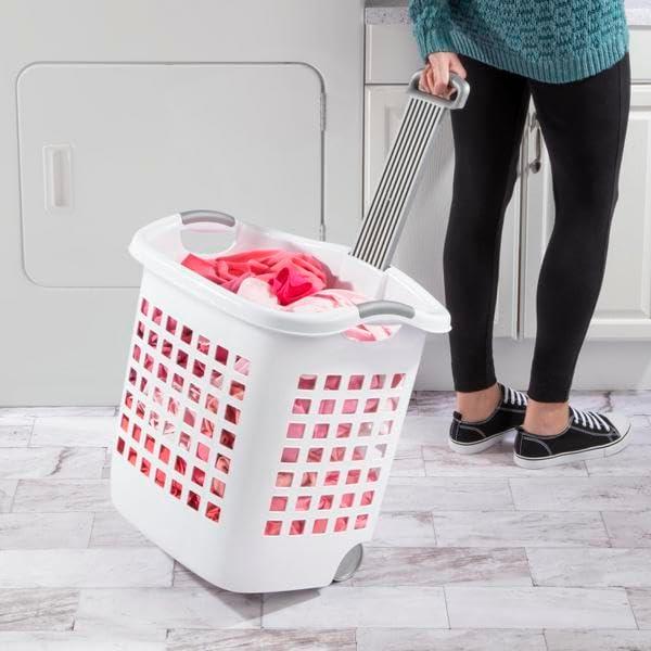 White Plastic 1.75 Bushel Ultra Wheeled Laundry Basket