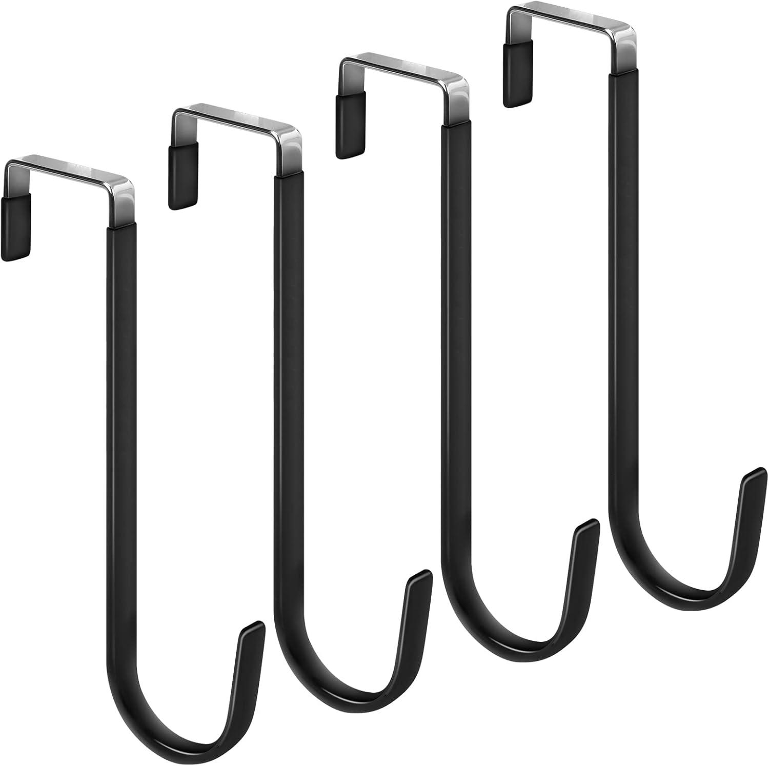 Over The Door Hooks, 4 Pack Upgraded Long Door Hangers Hooks with Rubber Prevent Scratches Heavy Duty Organizer Hooks for Hanging Clothes, Towels, Hats, Coats, Bags Black