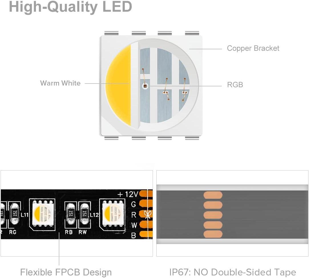 BTF-LIGHTING 5050 RGBW RGB+Warm White(2700K-3000K) 4 Colors in 1 LED Tape Light DC12V 5m 16.4ft 60LED/m Multi-Colored IP30 Black 12mm PCB for Bedroom Kitchen Home Decoration(No Adapter or Controller)