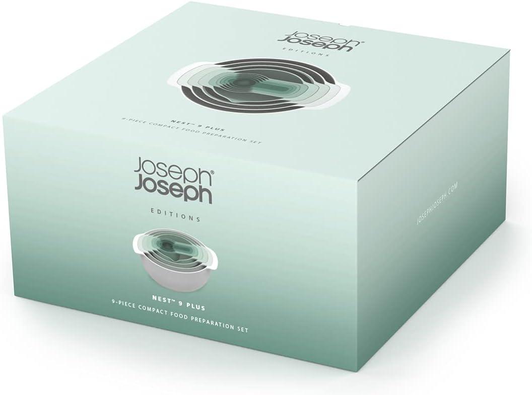 Joseph Joseph Nest 9 Plus, 9 Piece Compact Food Preparation Set with Mixing Bowls, Measuring cups, Sieve and Colander, Editions Range, Sage Green