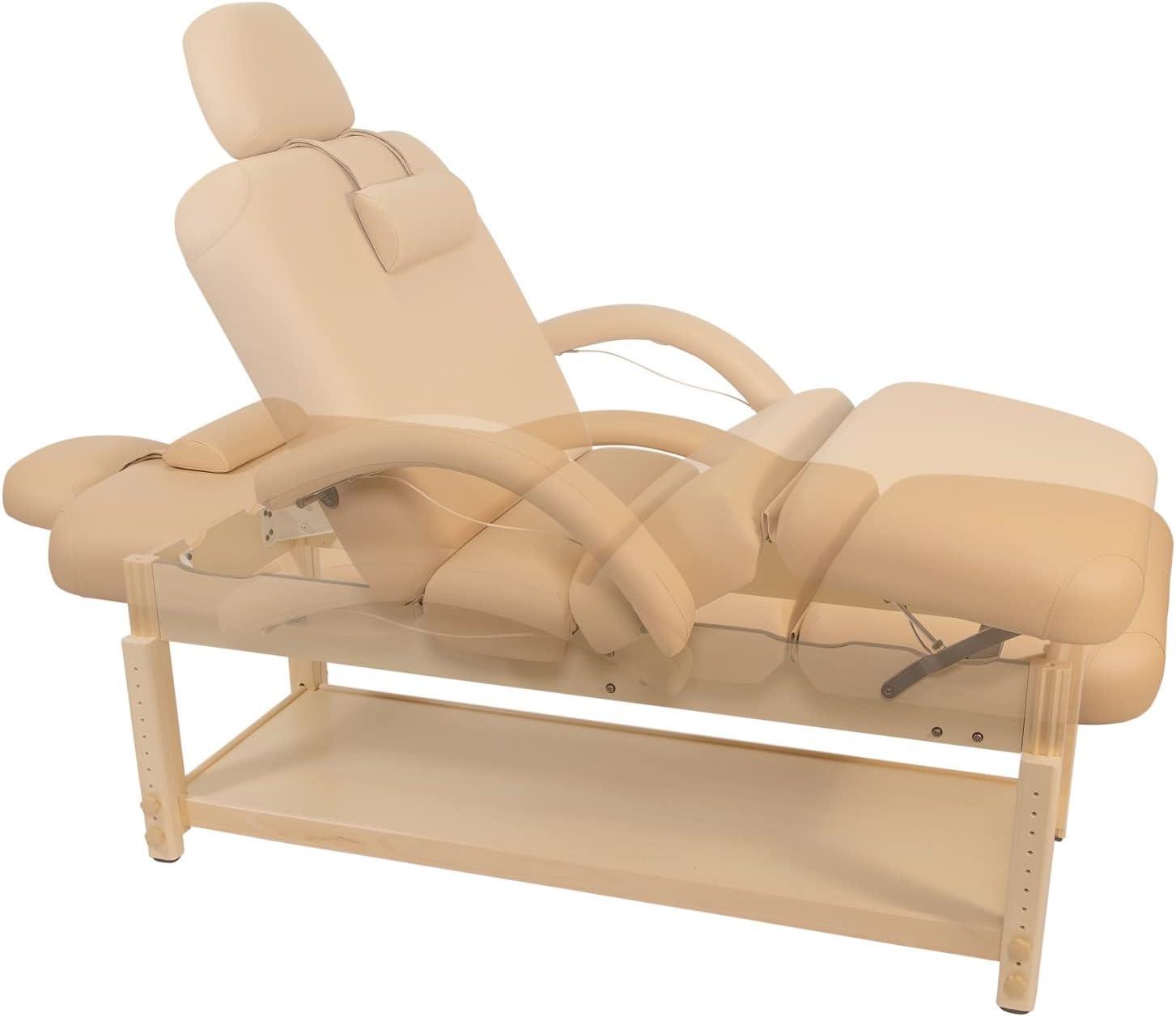 Beige Adjustable Stationary Massage Table with Headrest and Arm Shelf