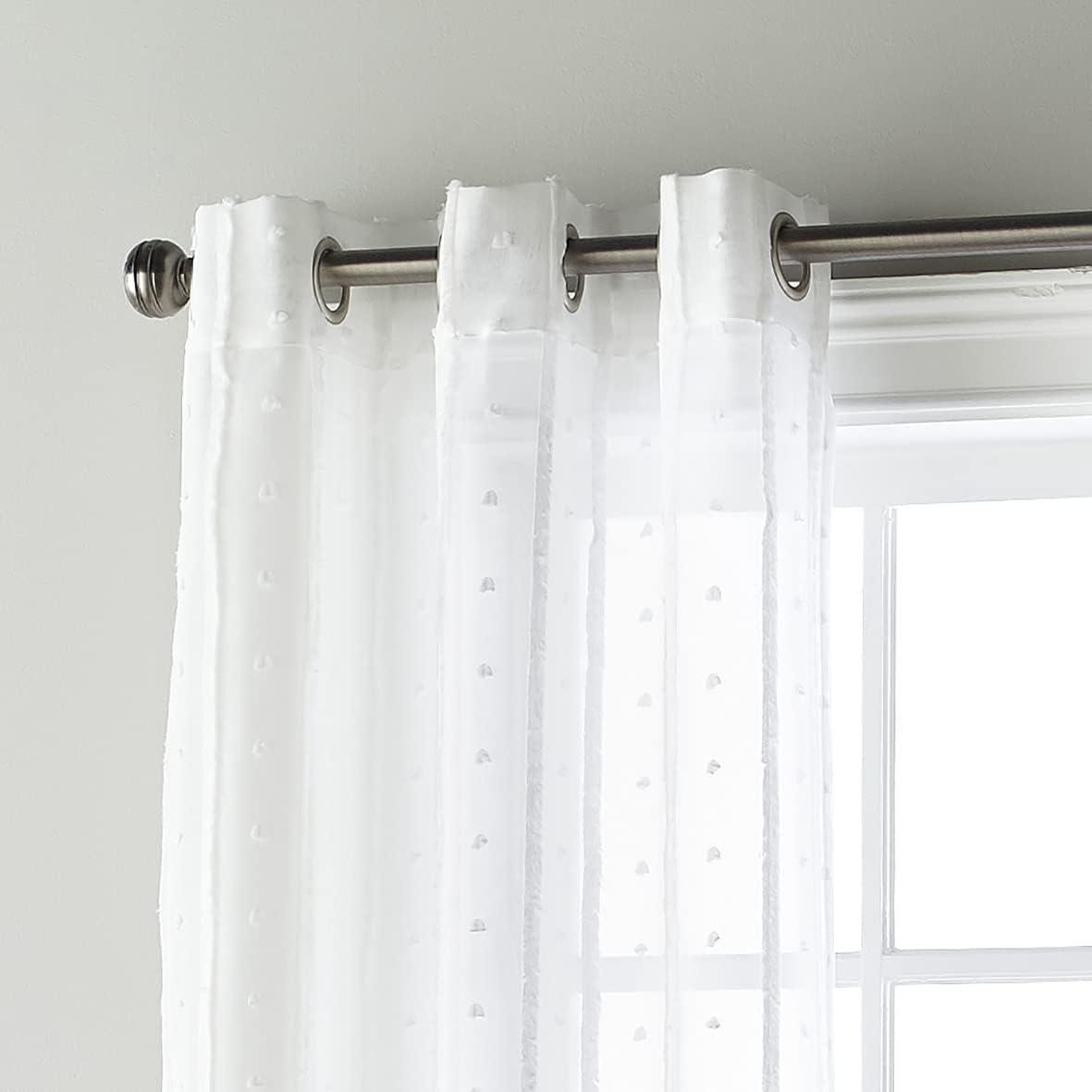 Lanco Elenor Stripe and Dot Semi-Sheer, Set of 2 Curtain Panel Pair, Grommet, White, 2" Header Size, Semi-Sheer, 37 x 84", 100% Polyester