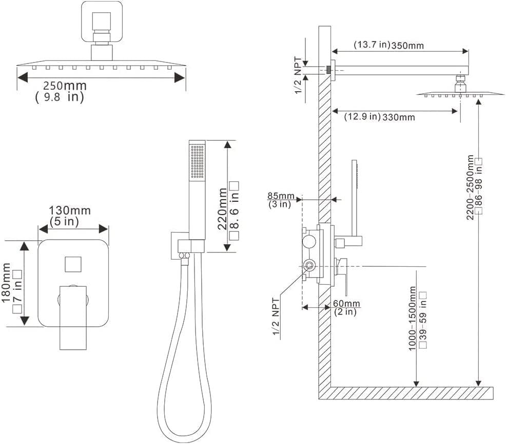 10-Inch Polished Chrome Square Rain Shower System with Handheld