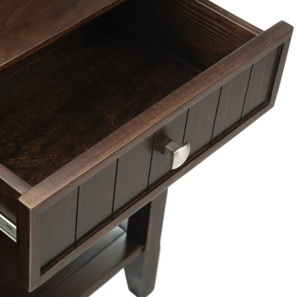Simpli Home Acadian 60"W Solid Wood Wide Storage Console Table in Brunette Brown with Three Drawers and Open Shelf