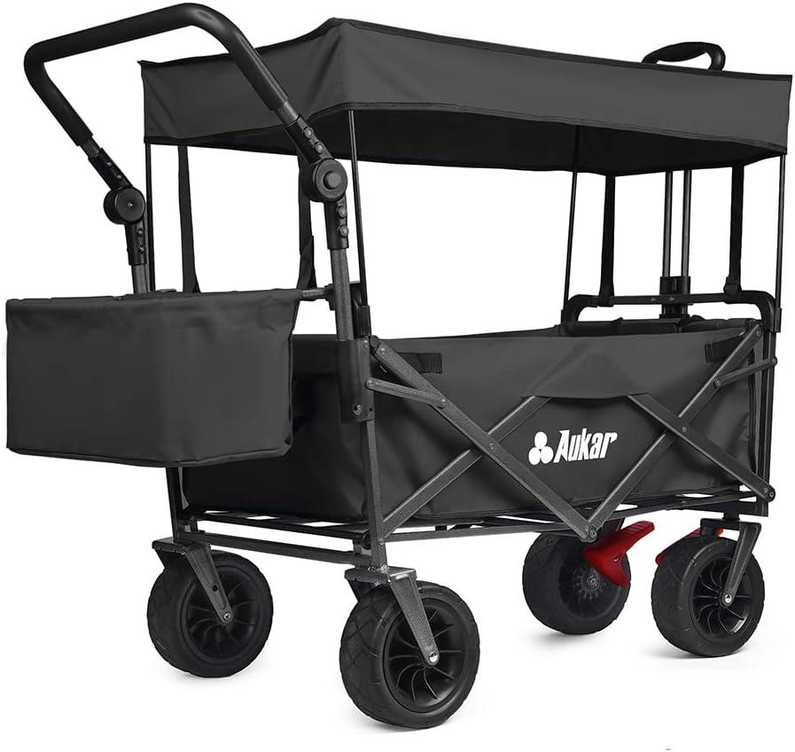 Large Collapsible Wagon Cart with Removable Canopy, Heavy Duty Folding Beach Wagon with Big Wheels, Adjustment Push Handle&Rear Brakes,Cooler Bag, Utility All-Terrain Wagon for Garden Shopping Camping