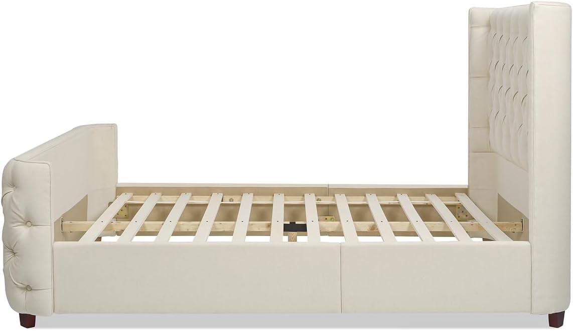 Jennifer Taylor Home Geneva Curved Wing Upholstered Platform Bed Frame, Queen, Light Beige Linen