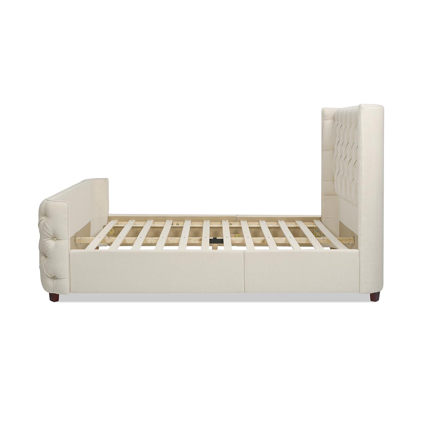 Jennifer Taylor Home Geneva Curved Wing Upholstered Platform Bed Frame, Queen, Light Beige Linen