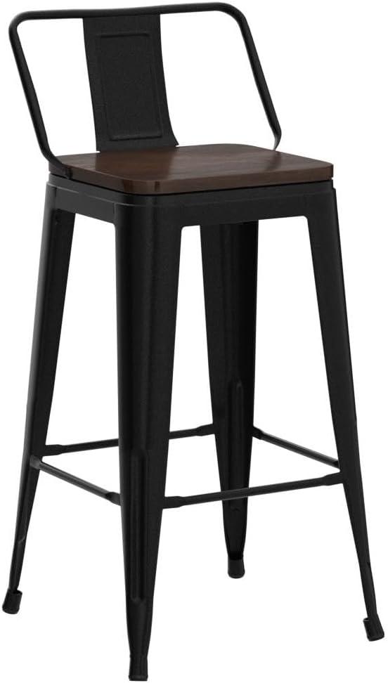 Killeryuki 24'' Metal Bar Stool 4PCS Low Back Conuter Stools for Indoor/Outdoor Barstools Metal Black Stools Bar Chairs w/Wooden Seat Metal Leg Industrial Counter Height Stools Black