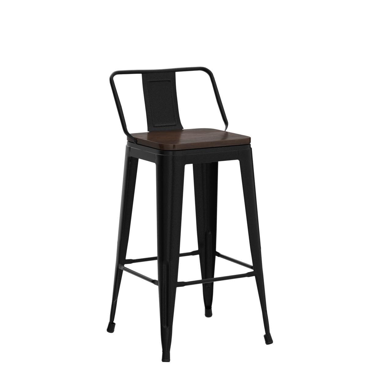 Killeryuki 24'' Metal Bar Stool 4PCS Low Back Conuter Stools for Indoor/Outdoor Barstools Metal Black Stools Bar Chairs w/Wooden Seat Metal Leg Industrial Counter Height Stools Black