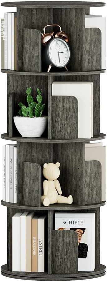OTK Rotating Bookshelf, 360° Display Standing Book Shelf Organizer, 4 Tier Wooden Corner Bookshelves for Small Space, Small Bookcase Storage Rack for Kids' Room, StudyRoom, Bedroom, Black Oak